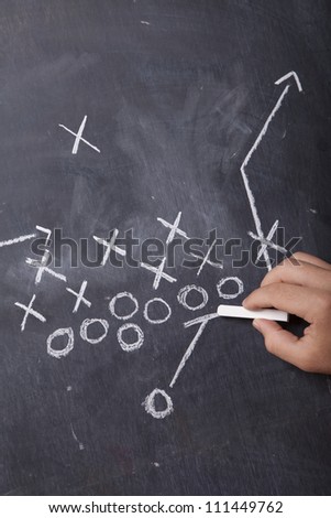 A hand draws a football play on a chalkboard with chalk.