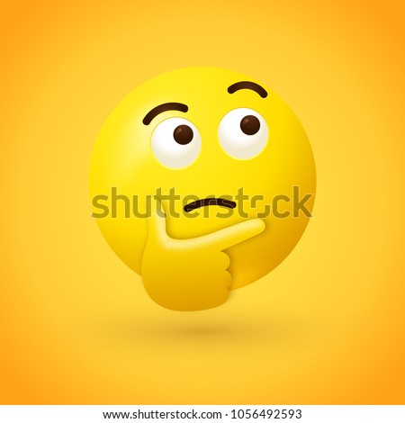 Thinking face emoji - emoticon face shown with a single finger and thumb resting on the chin glancing upward on yellow background