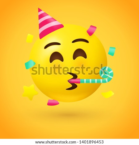 Party face emoji - yellow face with a party hat blowing a party horn as confetti floats around its head - used for celebrating joyous occasions and enjoying good times