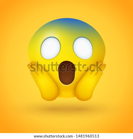Emoji face screaming in fear with wide white eyes, a long open mouth, hands pressed on cheeks, and a pale blue forehead on yellow background - represents horror, fright, but also shock, awe, disbelief