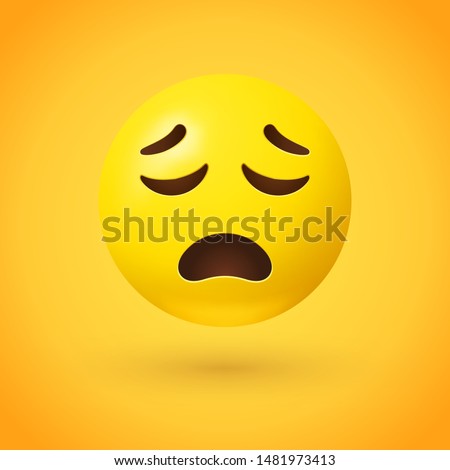 Upset face emoji with closed eyes, open frown, and raised eyebrows on yellow background