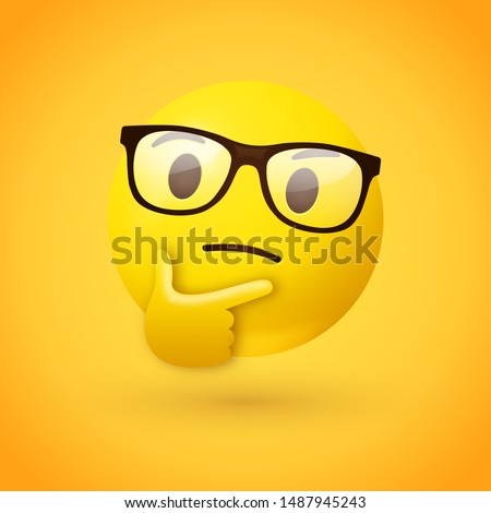 Clever or nerdy thinking face emoji - emoticon face wearing glasses shown with a single finger and thumb resting on the chin glancing upward on yellow background
