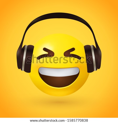 Emoji with headphones and scrunched, X-shaped eyes, a broad, open smile, showing upper teeth - smiling emoticon character design that enjoys listening to music