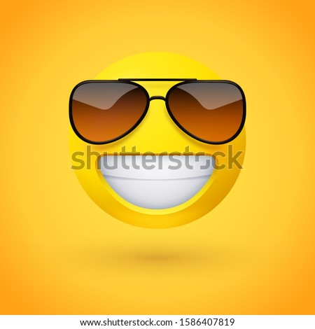 Beaming face emoji with stylish sunglasses and an open smile with a full-toothed grin as if saying Cheese! for the camera