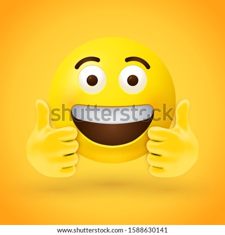 Thumbs up emoji face with big eyes and open mouth showing upper teeth with both hands in thumbs up position - conveys excitement and approval