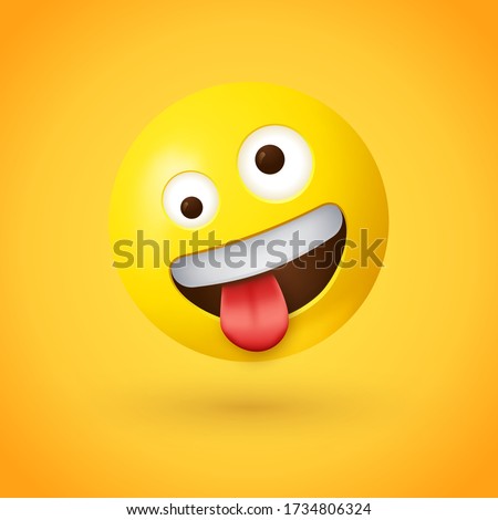Zany face emoji - Silly face emoticon - A yellow face with a big grin and wide, white eyes, one larger than the other and in a wild, cockeyed expression with tongue stuck out and head tilted