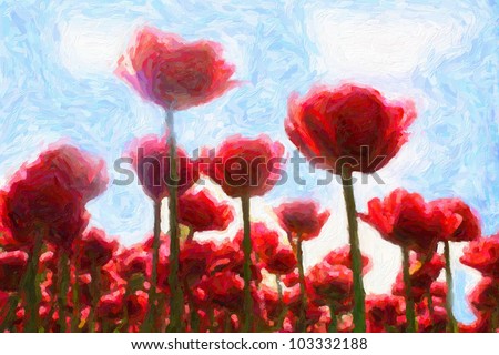 Red tulips against blue sky. Computing realistic oil painting style.
