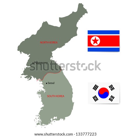 North and South Korea vector map with flags isolated on white background.