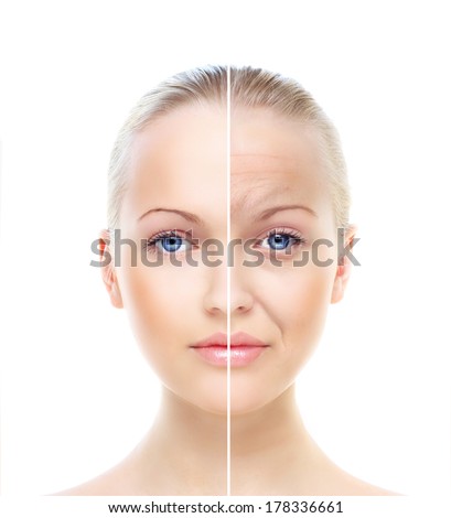 Beautiful woman's portrait isolated on white, before and after retouch, beauty treatment, skin care concept.