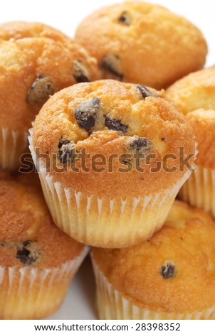 A pile of mini chocolate chip muffins, close-up
