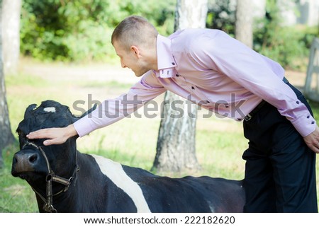 handsome man in pink shirt play with black cow on green field country farm