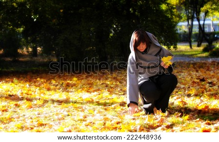 charming brunette girl in gray coat collect yellow leaves in autumn park