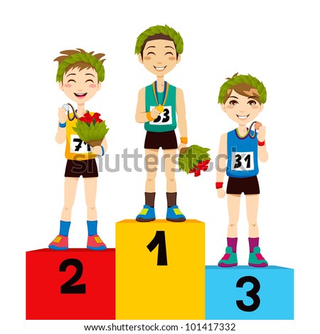 Young athletic sports men celebrating victory with flowers and laurel wreath on podium