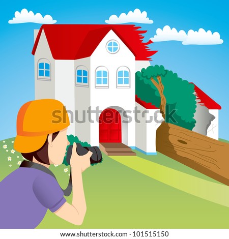 News photographer taking photos of house destroyed by falling tree