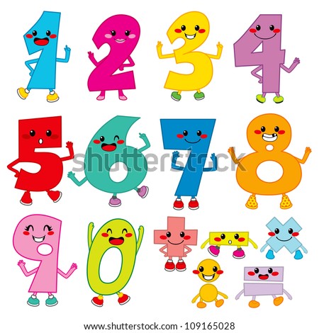Set of funny cartoon numbers and mathematical operation signs