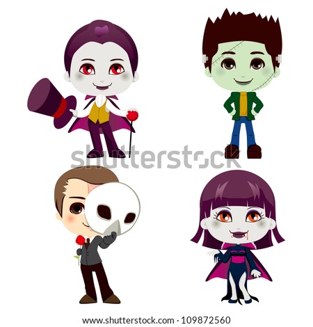 Set of four Halloween monster cartoon character illustration