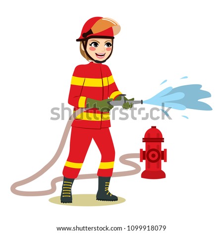 Happy female firefighter standing holding hose throwing water working