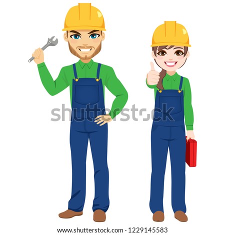 Male and female workers holding monkey wrench and toolbox builder team