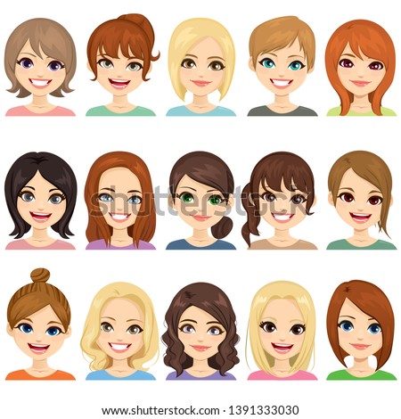 Set of cute girls with different hairstyles and hair color illustration face avatar collection