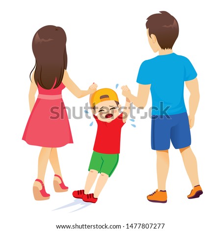 Back view parents dragging rebellious crying child