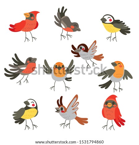 Cute collection set of ten funny birds in winter colors