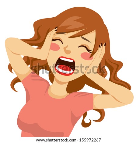 Desperate wild hair brunette woman shocked screaming with her hands on the head and mouth wide open