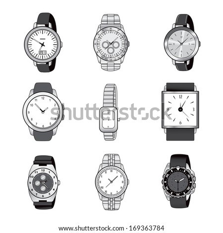 Nine different wristwatch icon designs in black and white color isolated on white background