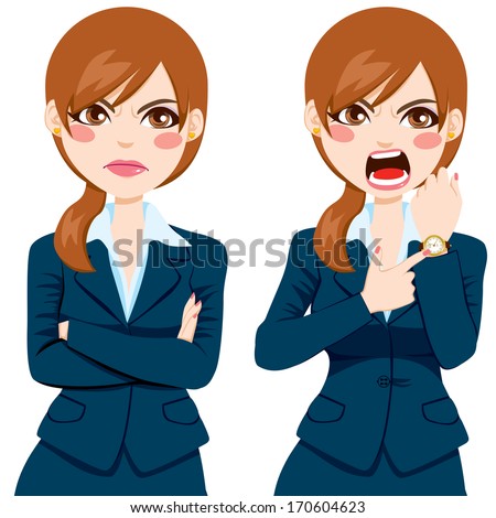 Arriving late concept, angry businesswoman pointing finger to her wristwatch showing the time and yelling