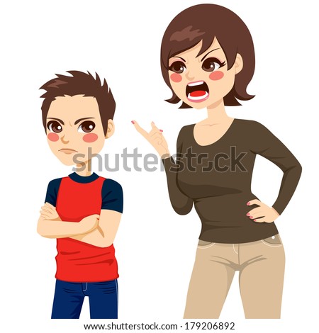 Illustration of upset young mother scolding teenager angry boy