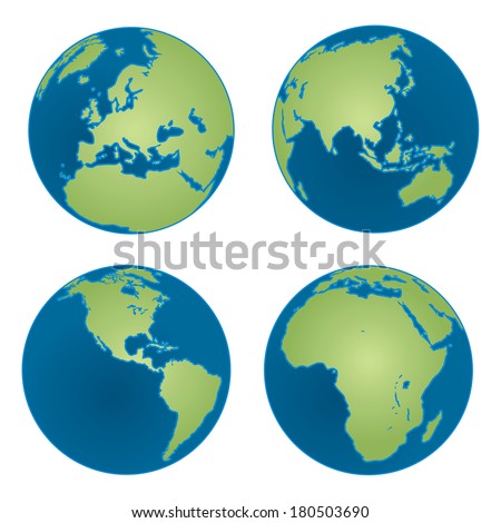 Illustration of Earth globes showing four different views of the continents. Africa, Asia, America, Europe and Australia