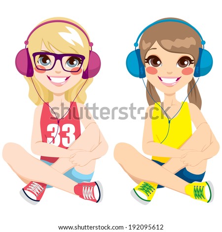 Two lovely teenager girls sitting on floor listening music with headphones together happy smiling