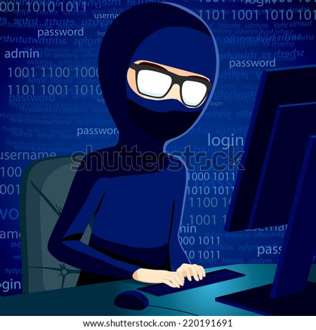 Hacker man typing on computer breaking system security code wearing balaclava and dark clothing to conceal his identity