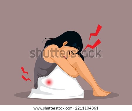 Vector illustration of beautiful young woman suffering abdominal pain. Female person with covering blanket having period cramps. Menstrual leave concept