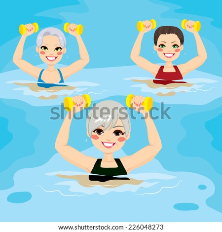 Small group of senior women making aqua gym exercises with dumbbells in swimming pool at the sports center
