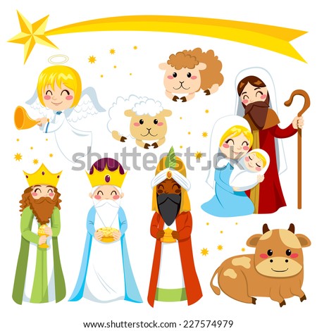 Set collection of isolated cartoon Christmas Nativity manger design elements