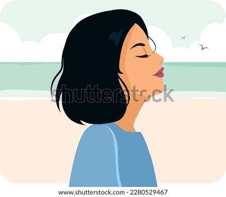Vector illustration of young woman breathing fresh air relaxed on vacation with beach background
