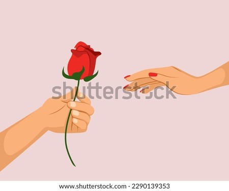 Vector illustration of male hand offering red rose to female hand. Boyfriend showing love to girlfriend celebrating Diada de Sant Jordi ( Saint George's Day)