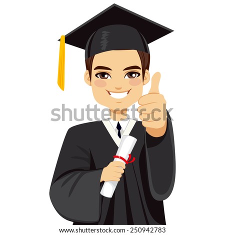 Happy brown haired boy on graduation day with diploma and making thumbs up hand gesture