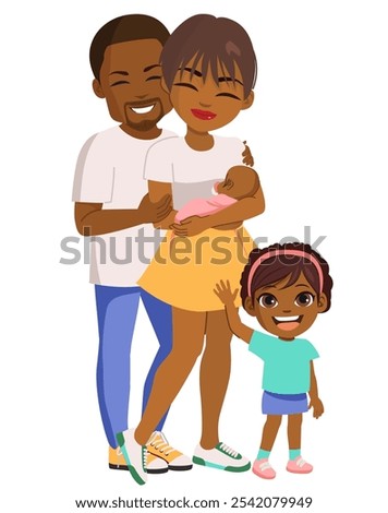 Happy four member family of African descent illustration. Smiling mom, dad, daughter and baby looking at camera