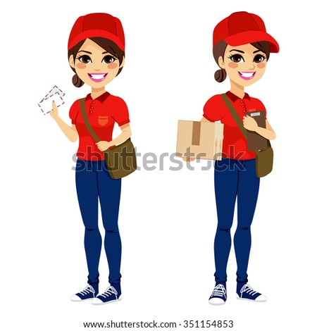 Full body young post woman delivering mail and parcel with leather bag and folder wearing red uniform