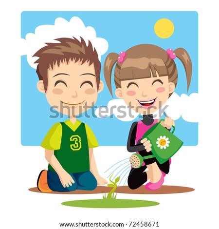 Children Irrigating A Plant With A Green Watering Can Stock Vector ...