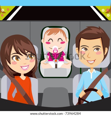 Happy Family Sitting Inside Car Driving Through A Road With Seatbelts ...