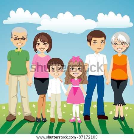 Portrait of six people extended family standing outdoors holding hands