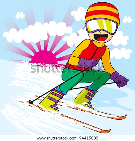 Teen skier with colorful sports clothing skiing downhill fast
