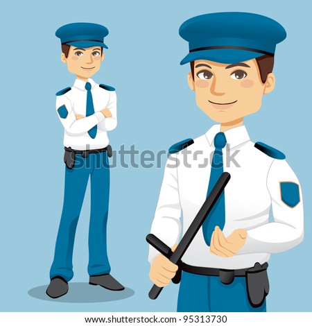 Portrait Of Handsome Professional Policeman Standing And Handling A ...