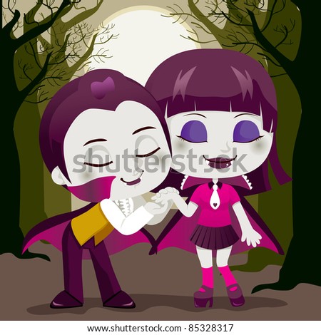 Little Count Dracula kissing his vampire girlfriend hand enjoying a lovely Halloween or Valentine night on a dead tree forest