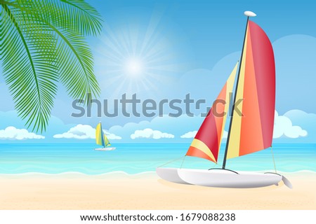 Vector illustration - palm trees on the beach. Sand, ocean in the background with catamaran.