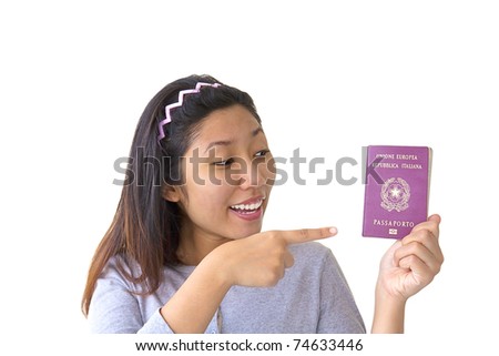 Immigrant woman holding Italian passport