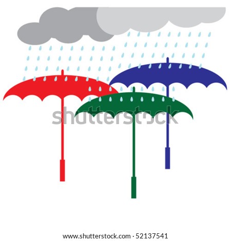 Three multi-colored umbrella, the rain from the clouds, on a white background