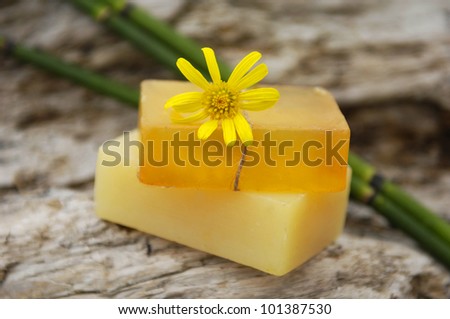 daisy flower on nature soap with thin bamboo grove on old wood